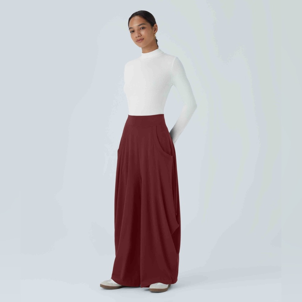 ✨ Halara Mid Rise Multiple Pockets Draped Wide Leg Casual Pants brown large✨